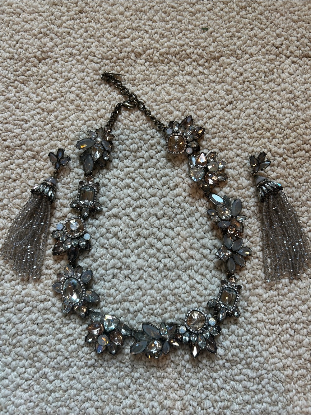 Crystal Floral Statement Necklace with Tassel Earrings - Gray